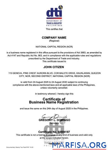 Realistic Philippines certificate of business name registration Word and PDF version 2 sample